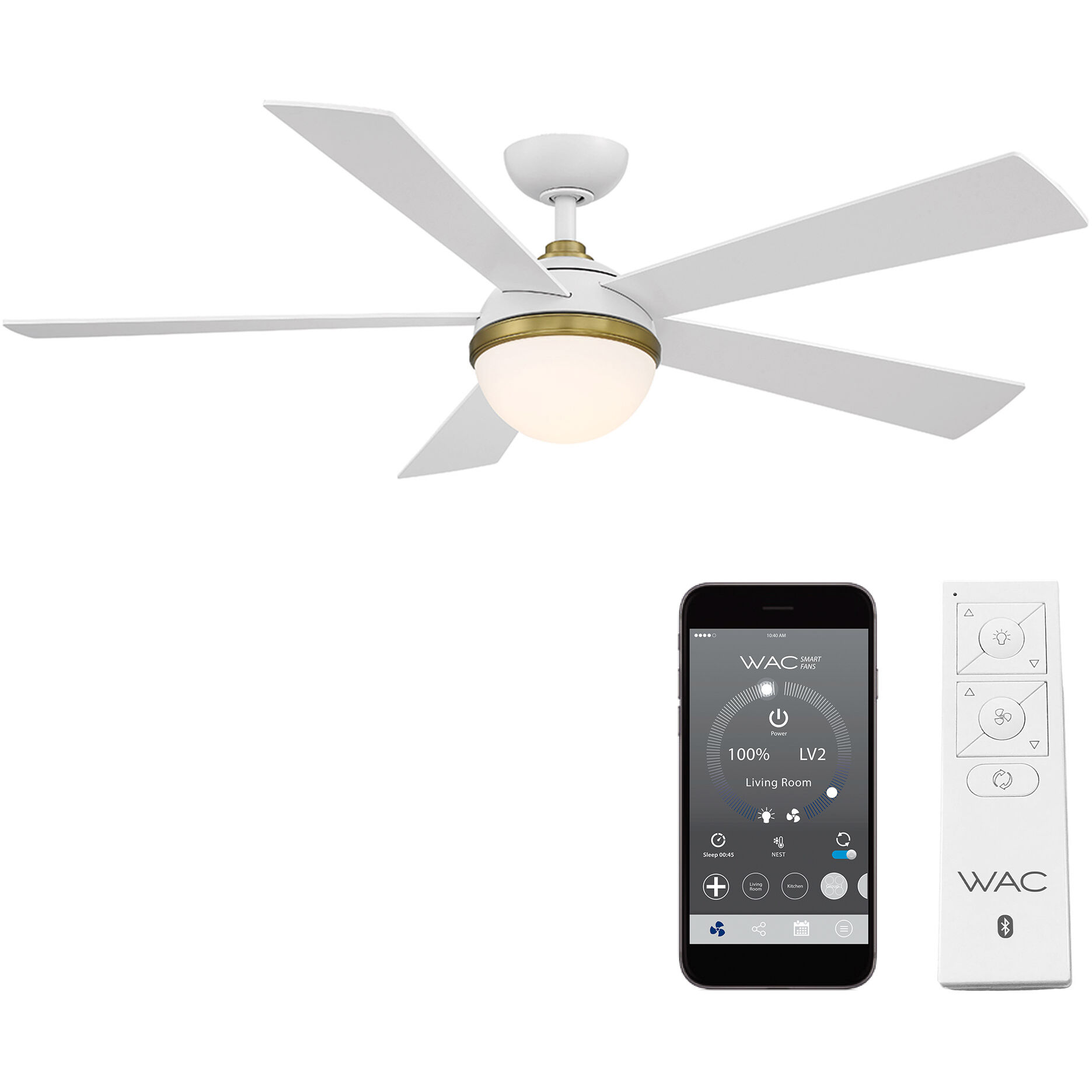 Eclipse 54 inch Matte White Matte White Soft Brass with Matte White Blades Downrod Ceiling Fans in Satin Brass Matte White, Smart Fan