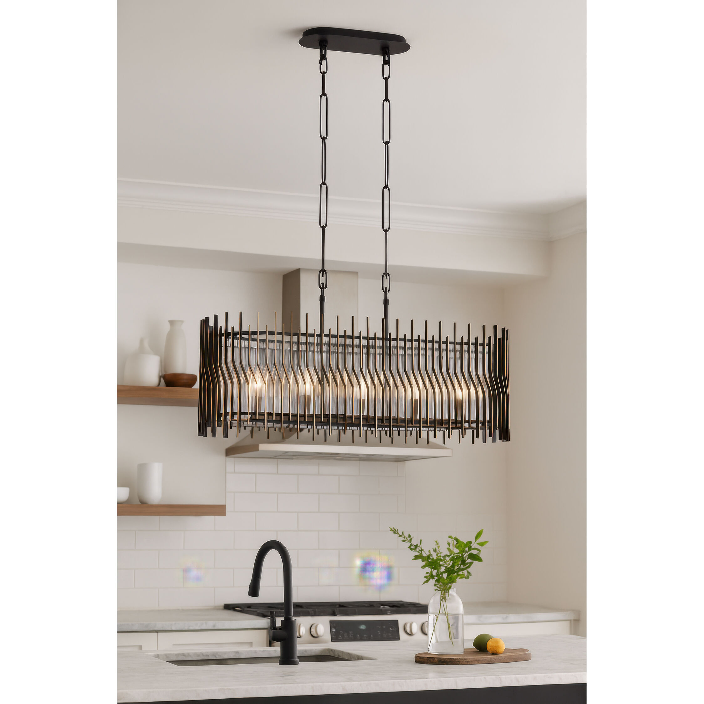 Park Row 5 Light 36 inch Matte Black and French Gold Linear Pendant Ceiling Light, Smithsonian Collaboration