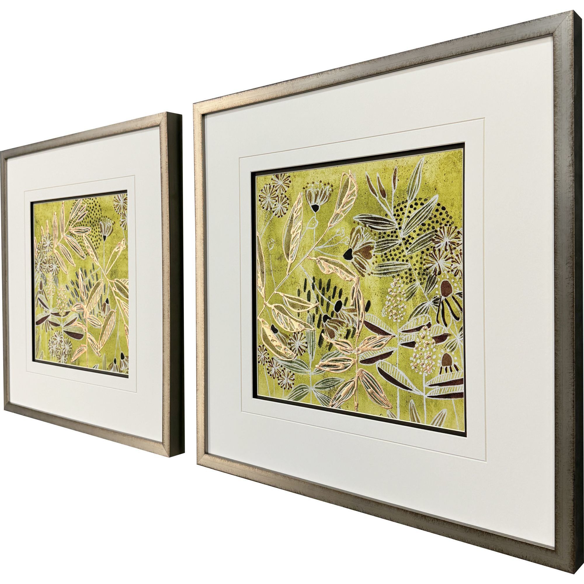 Saffron Wallflowers Green and Brown and Metallic and Yellow Framed Art