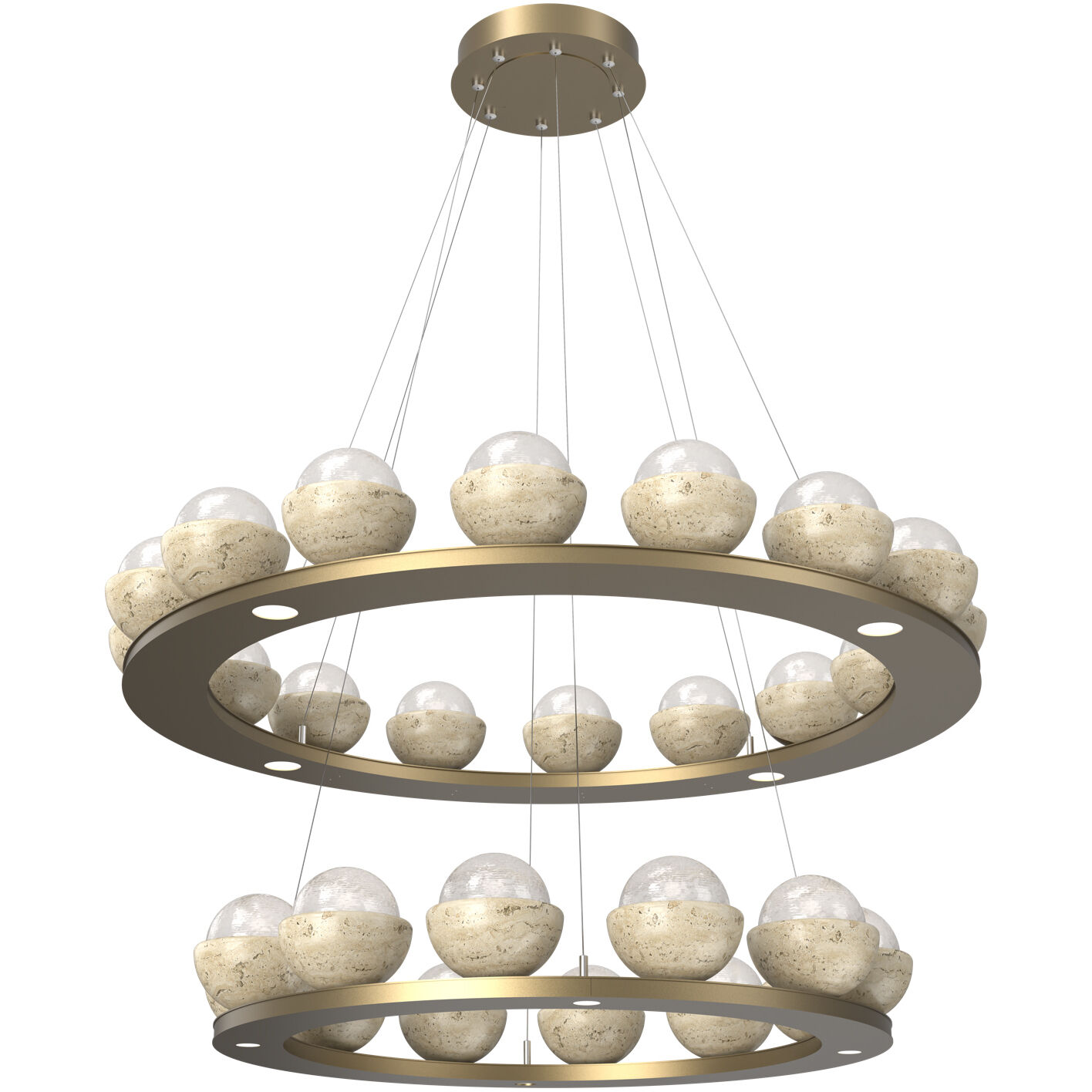 Cabochon LED Gilded Brass with Travertine Stone Chandelier Ceiling Light in 2700K LED, Opal White, Two-Tier