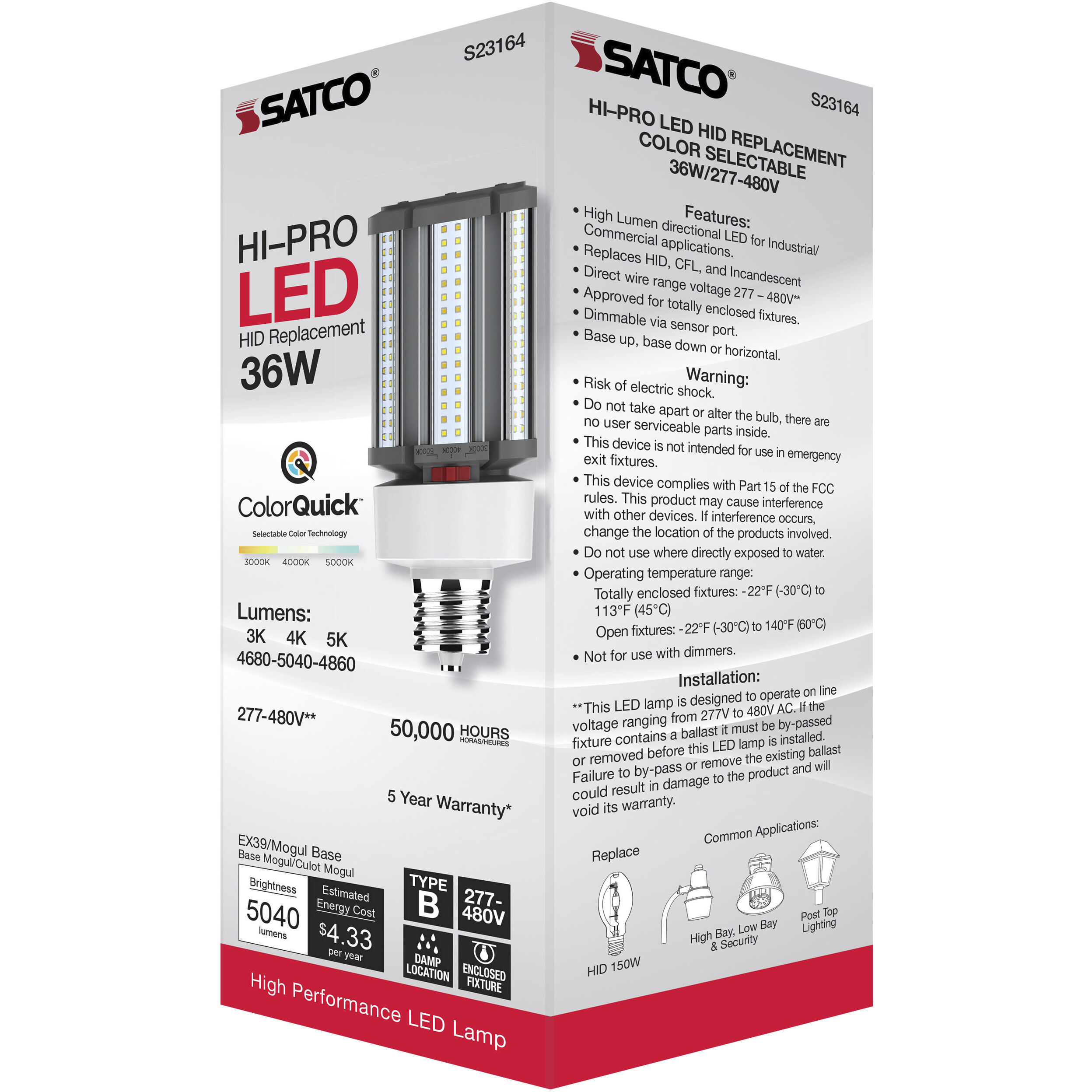 Lumos LED Mogul Extended 36 watt 277-480 3000K/4000K/5000K HID Replacements, HID Replacements