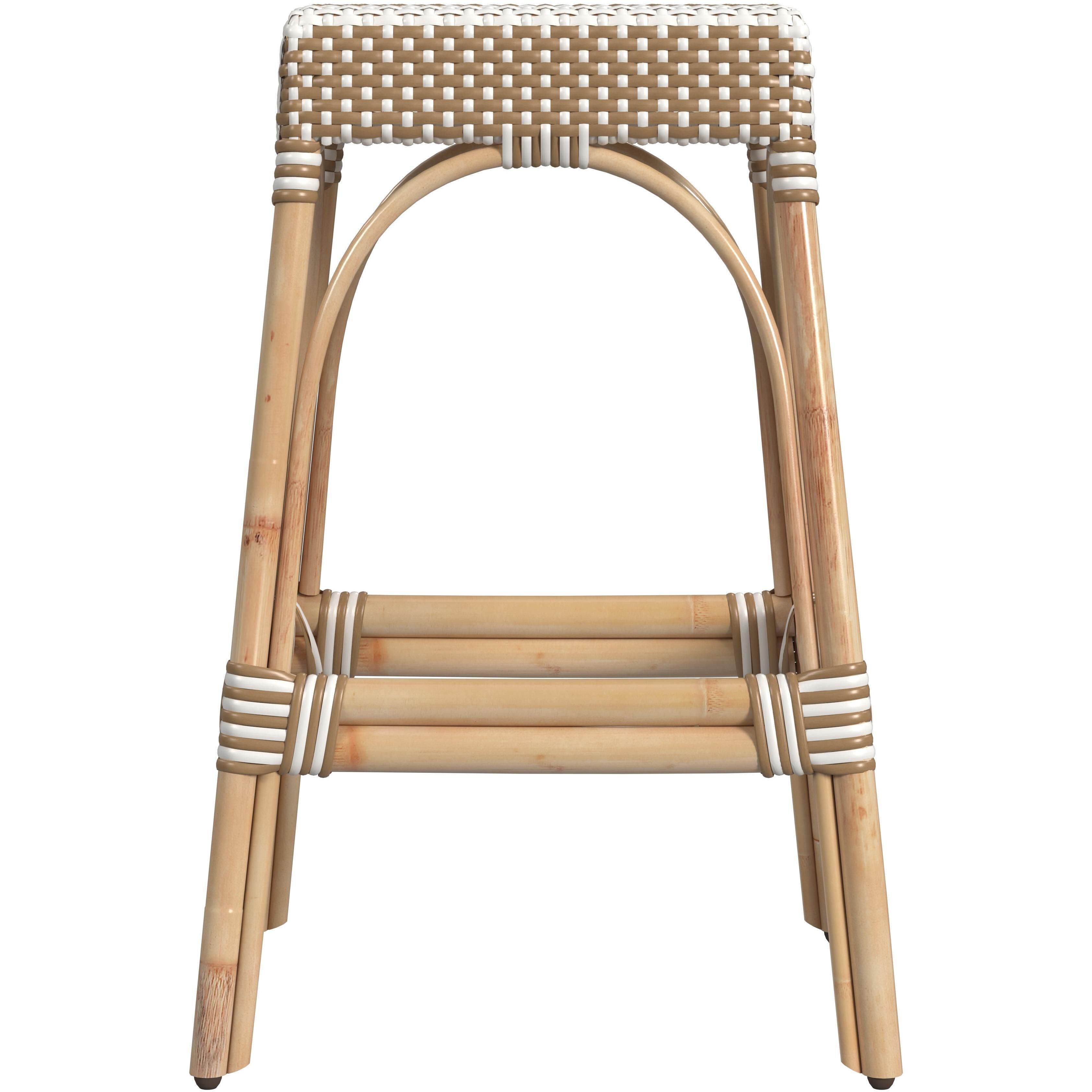 Robias Rectangular Rattan 30" Bar Stool in Tan and White Stripe
