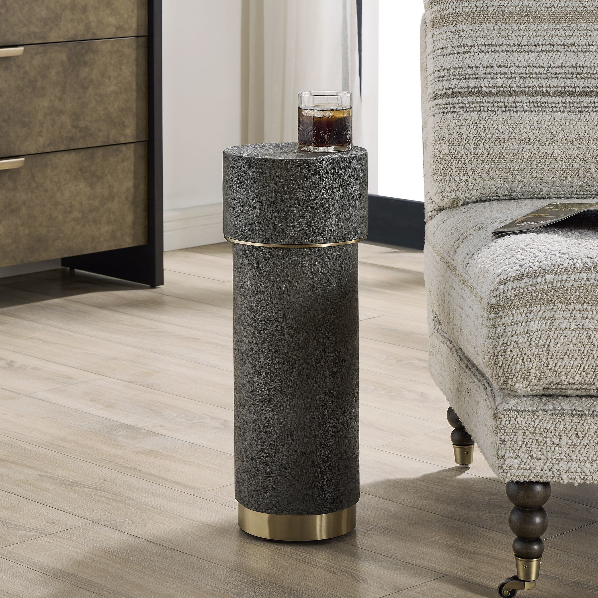 Wessex 22.5 X 8.5 inch Charcoal Faux Shagreen and Brushed Brass Drink Table