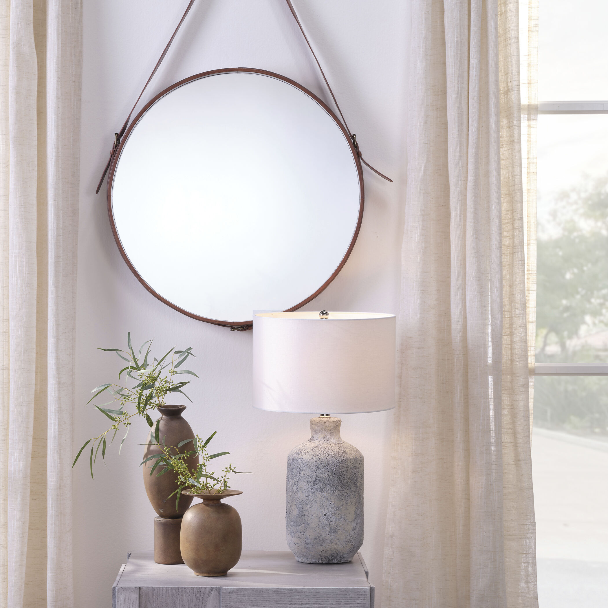 Round 26 X 26 inch Brown Leather Wall Mirror