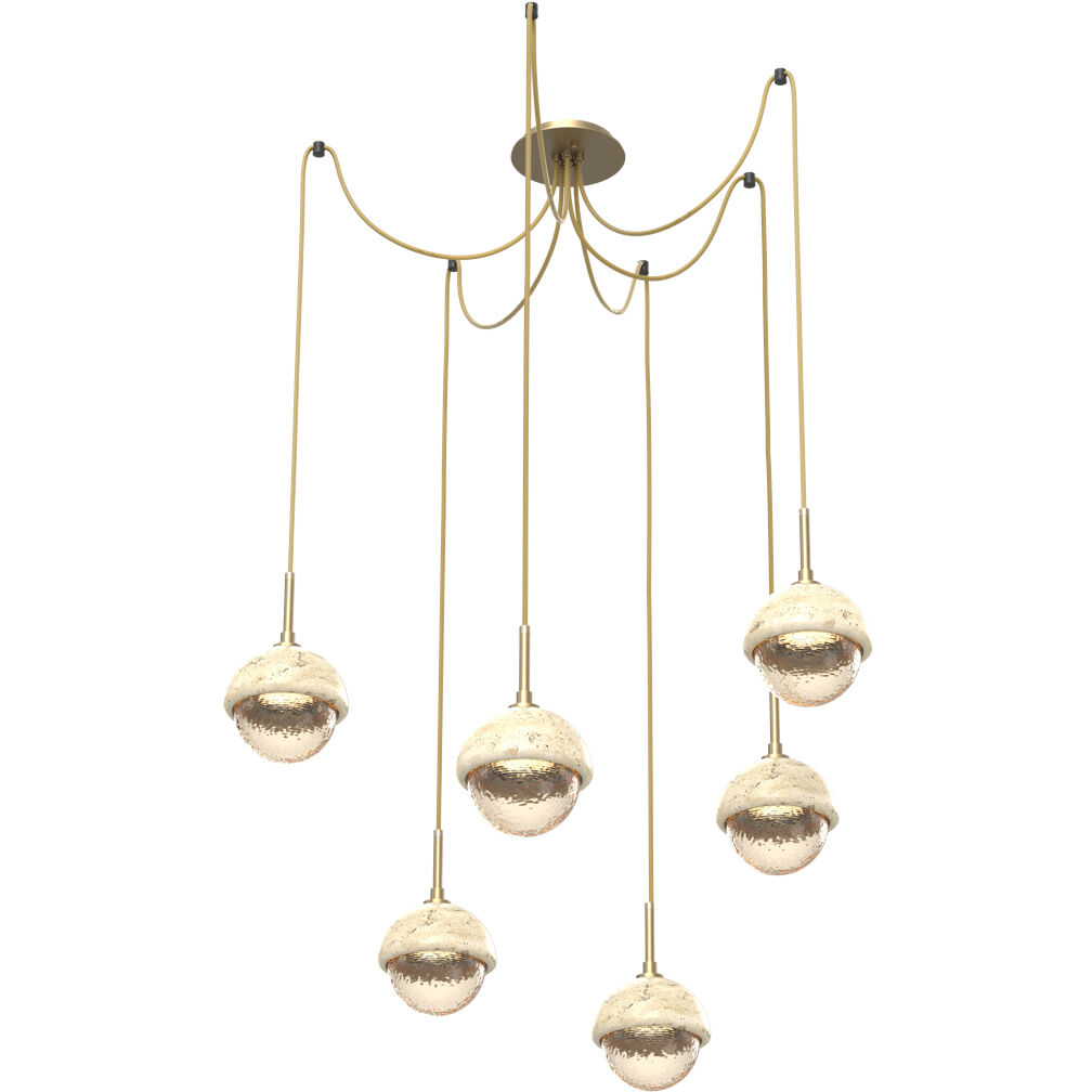 Cabochon LED 14.1 inch Gilded Brass with Travertine Stone Swag Multi-Pendant Ceiling Light in 3000K LED, Amber