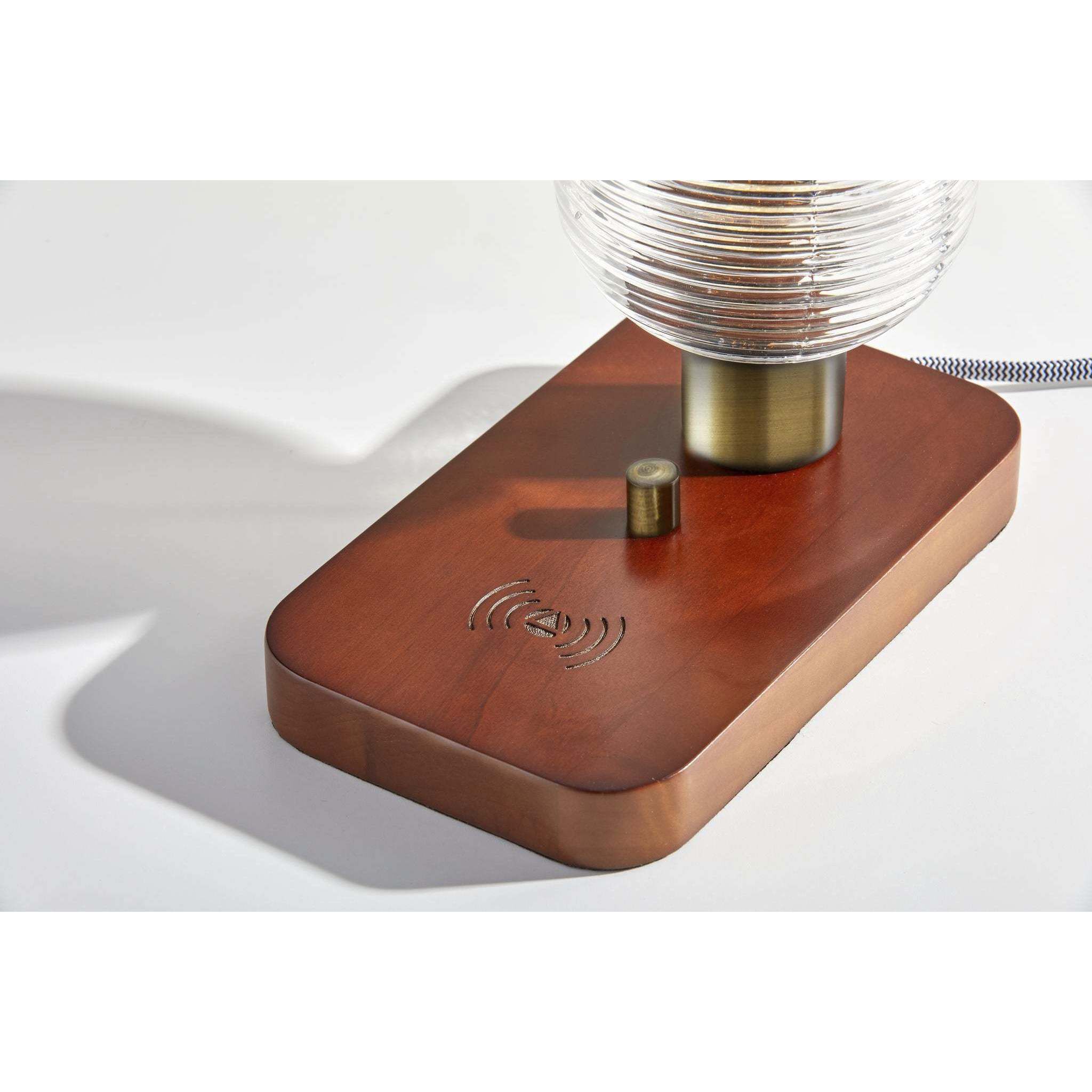 Isaac 12 inch 60.00 watt Walnut Rubberwood and Antique Brass Table Lantern Portable Light, with AdessoCharge Wireless Charging Pad and USB Port