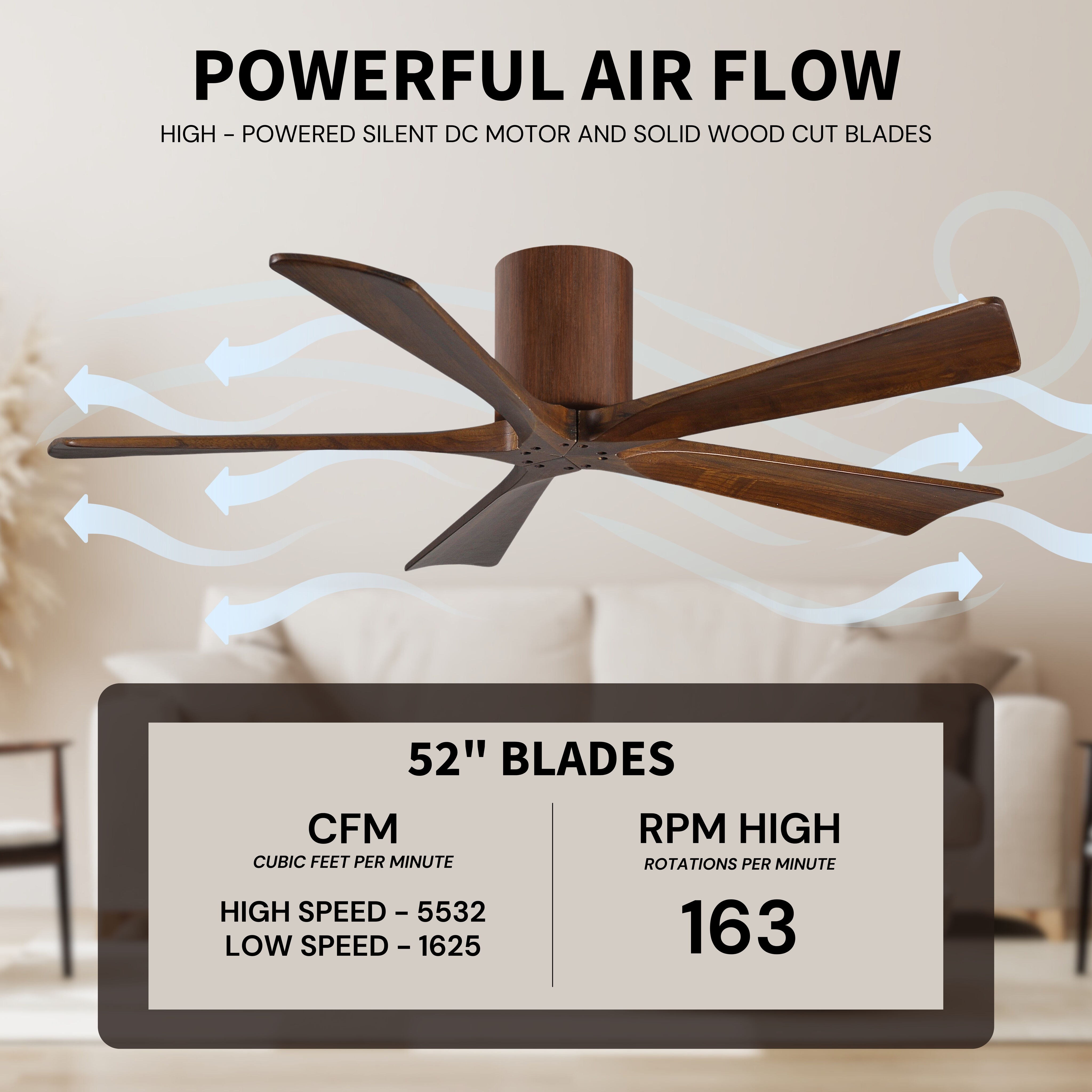 Atlas Irene-5H 52 inch Walnut Tone Flush Mount Paddle Fan, Flush Mounted