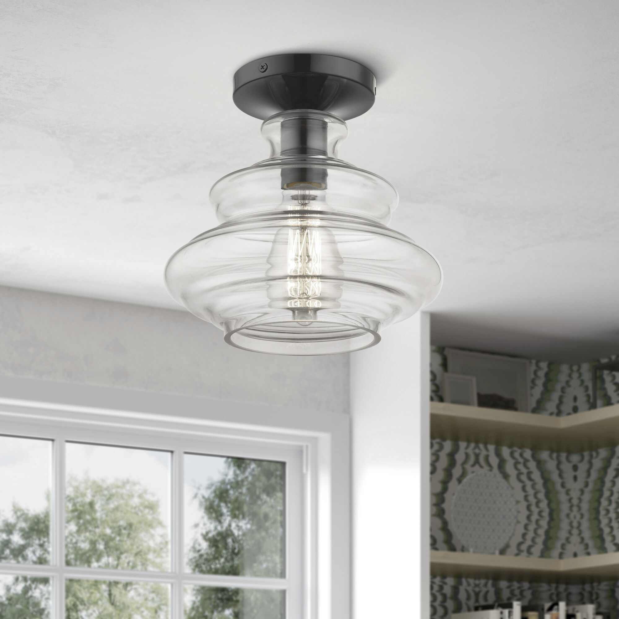 Everett 1 Light 9 inch Shiny Black with Chrome Finish Accents Semi-Flush Ceiling Light