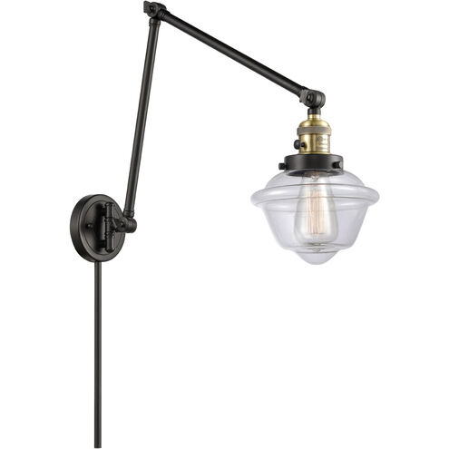 Small Oxford 30 inch 3.5 watt Black Antique Brass Swing Arm Wall Light in Clear Glass, Franklin Restoration