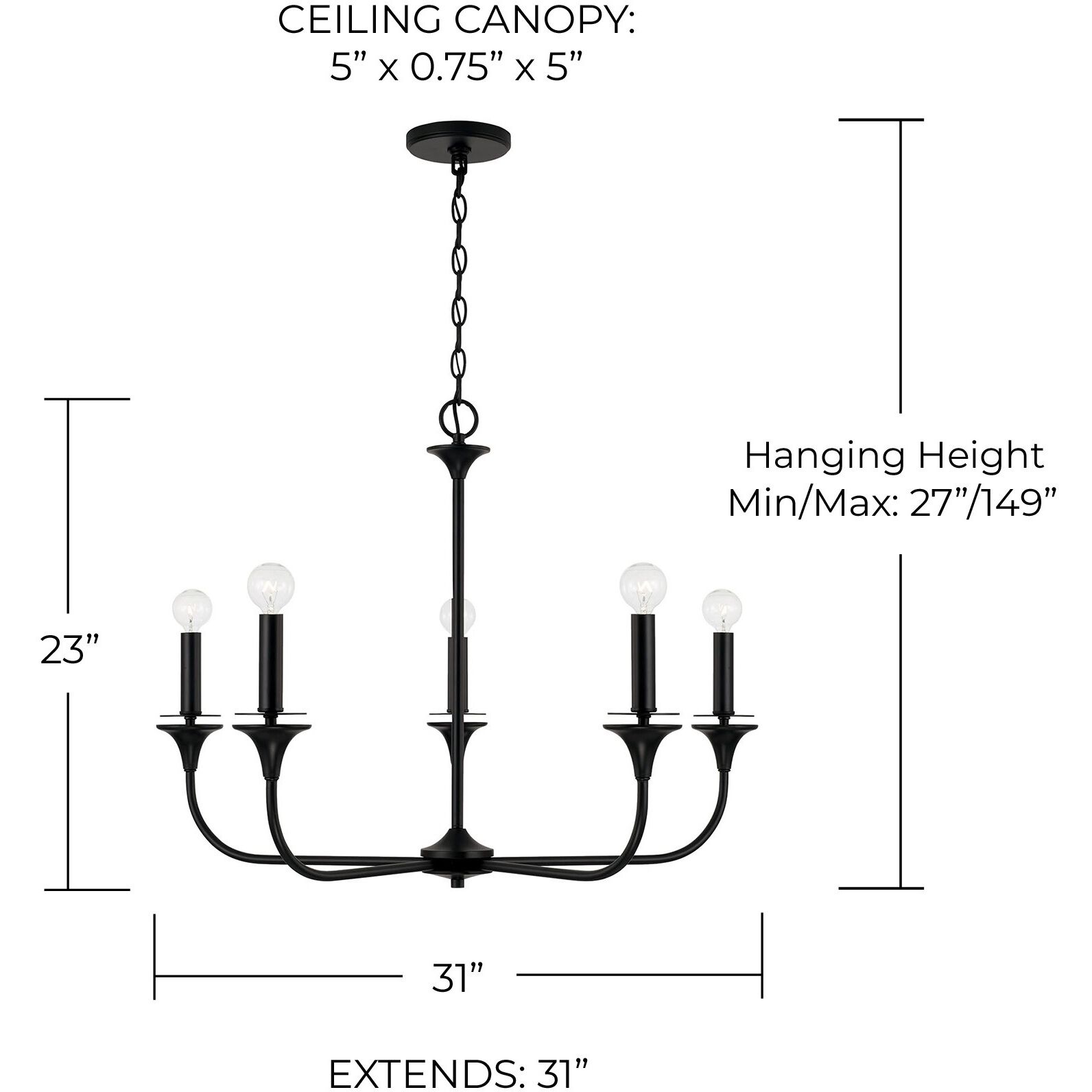 Presley 5 Light 31 inch Matte Black Chandelier Ceiling Light