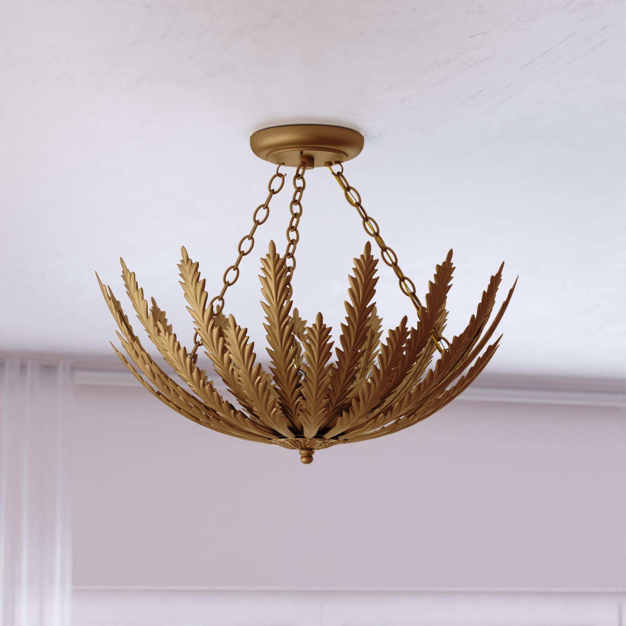 Ozette 3 Light 18 inch Painted Gold Semi Flush Mount Ceiling Light, Leaf Motif
