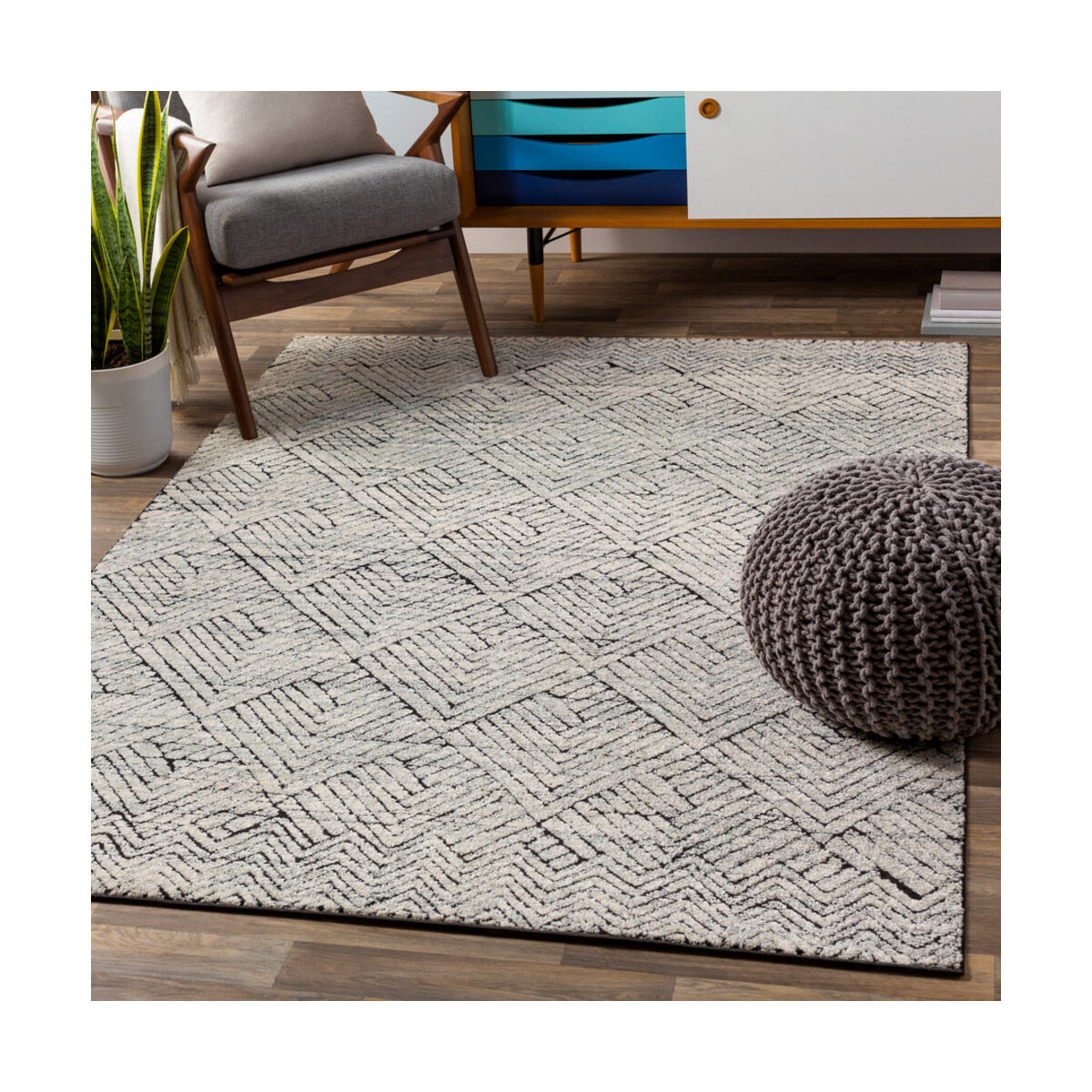 Dersim 108.27 X 78.74 inch White/Black/Light Gray Machine Woven Rug