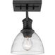 Hines 1 Light 7 inch Matte Black Semi-flush Ceiling Light in Seeded Glass, Damp