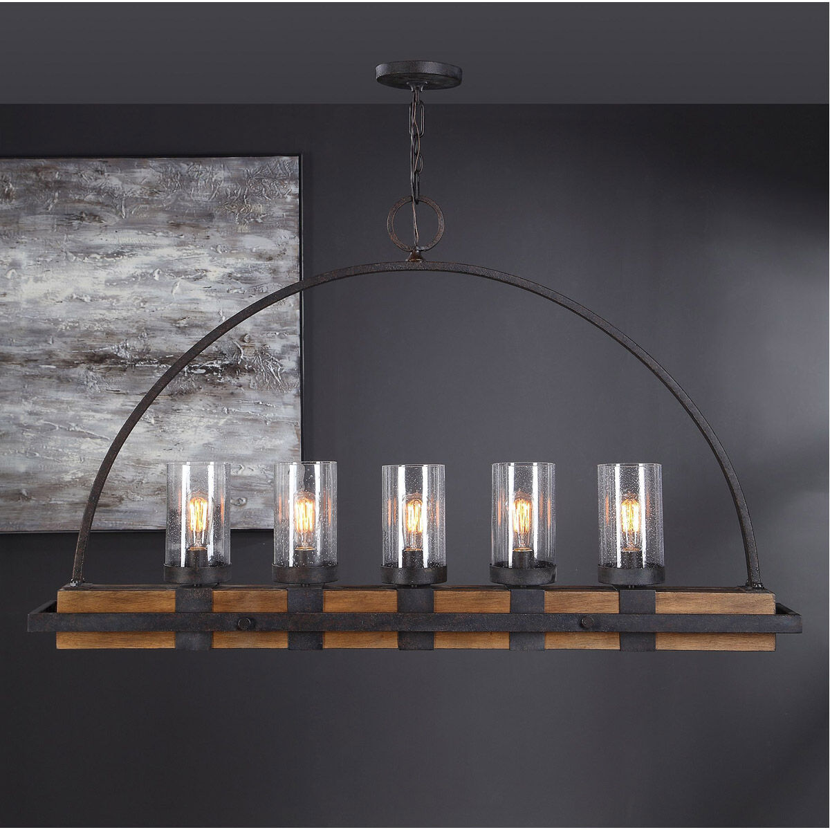 Atwood 5 Light 51 inch Real Wood and Weathered Bronze Linear Pendant Ceiling Light
