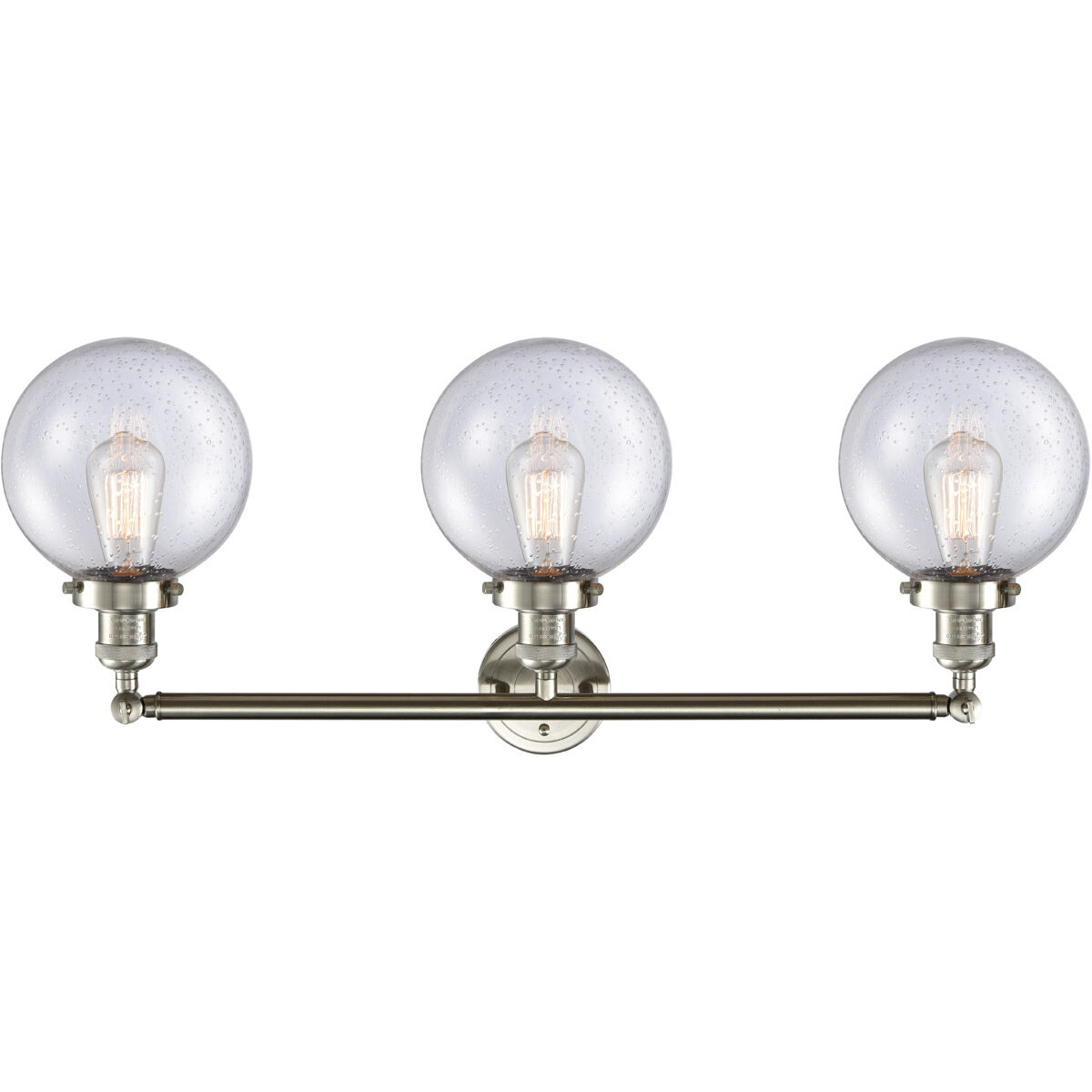 Franklin Restoration Large Beacon 3 Light 32 inch Brushed Satin Nickel Bath Vanity Light Wall Light in Seedy Glass, Franklin Restoration