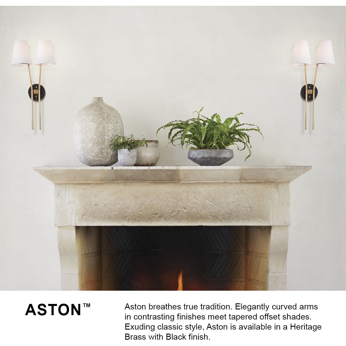 Aston 2 Light 13.5 inch Heritage Brass with Black Indoor Wall Sconce Wall Light