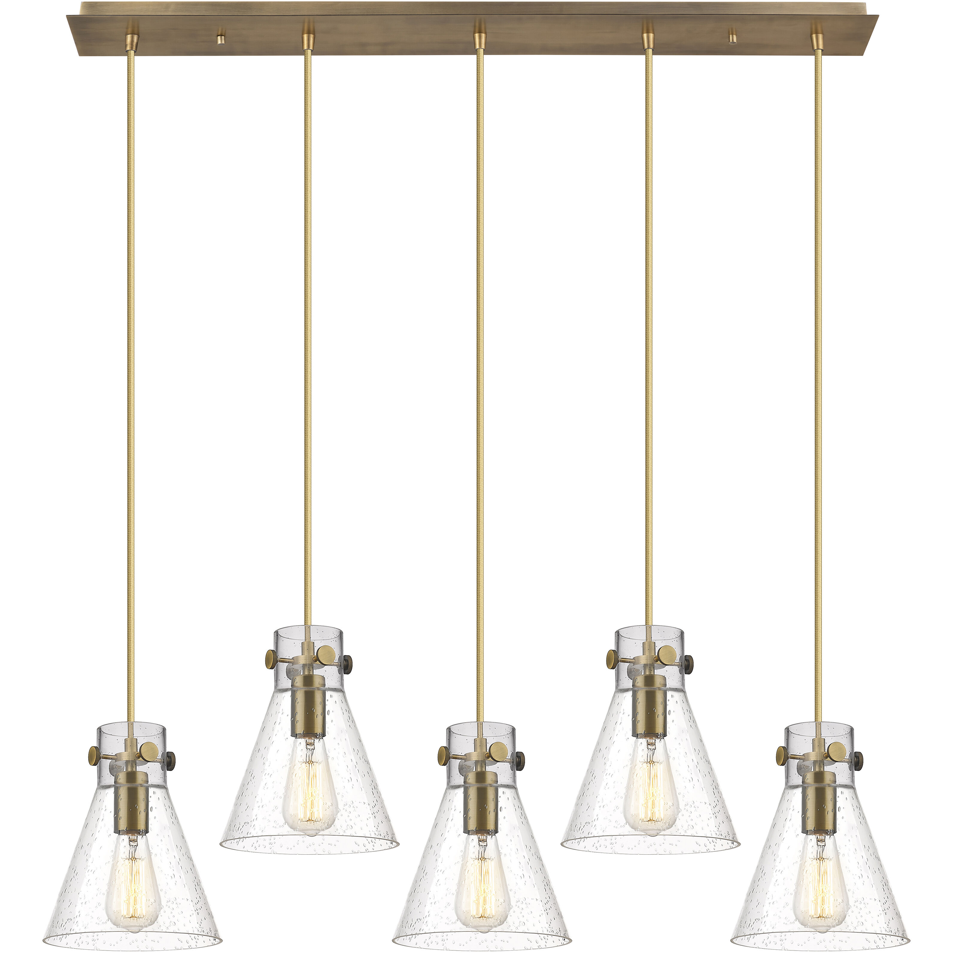 Newton Cone 5 Light 39.75 inch Brushed Brass Linear Pendant Ceiling Light in Seedy Glass