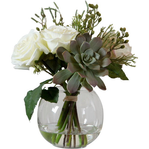 Belmonte Green and Cream with Clear Glass Floral Bouquet and Vase