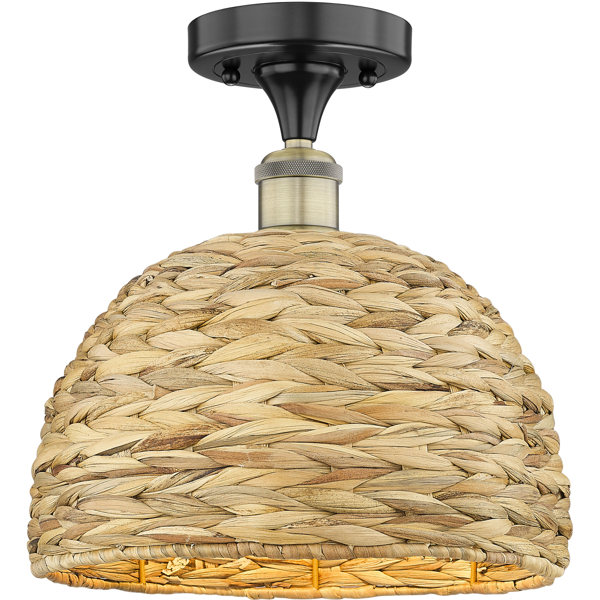 Edison Woven Rattan 1 Light 12 inch Black Antique Brass Semi-Flush Mount Ceiling Light