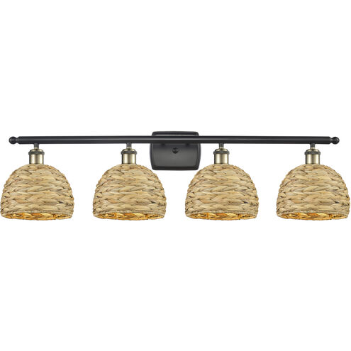 Woven Rattan 4 Light 38 inch Black Antique Brass Bath Vanity Light Wall Light