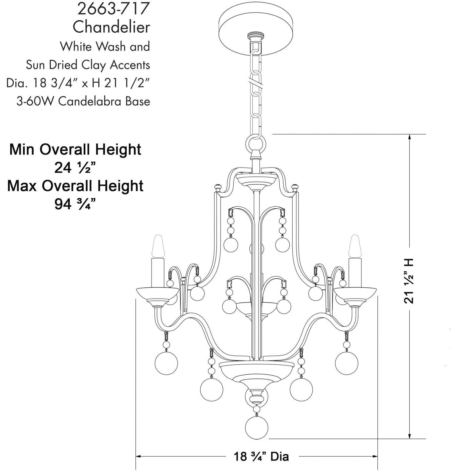Colonial Charm 3 Light 18.75 inch White Wash and Sun Dried Clay Chandelier Ceiling Light