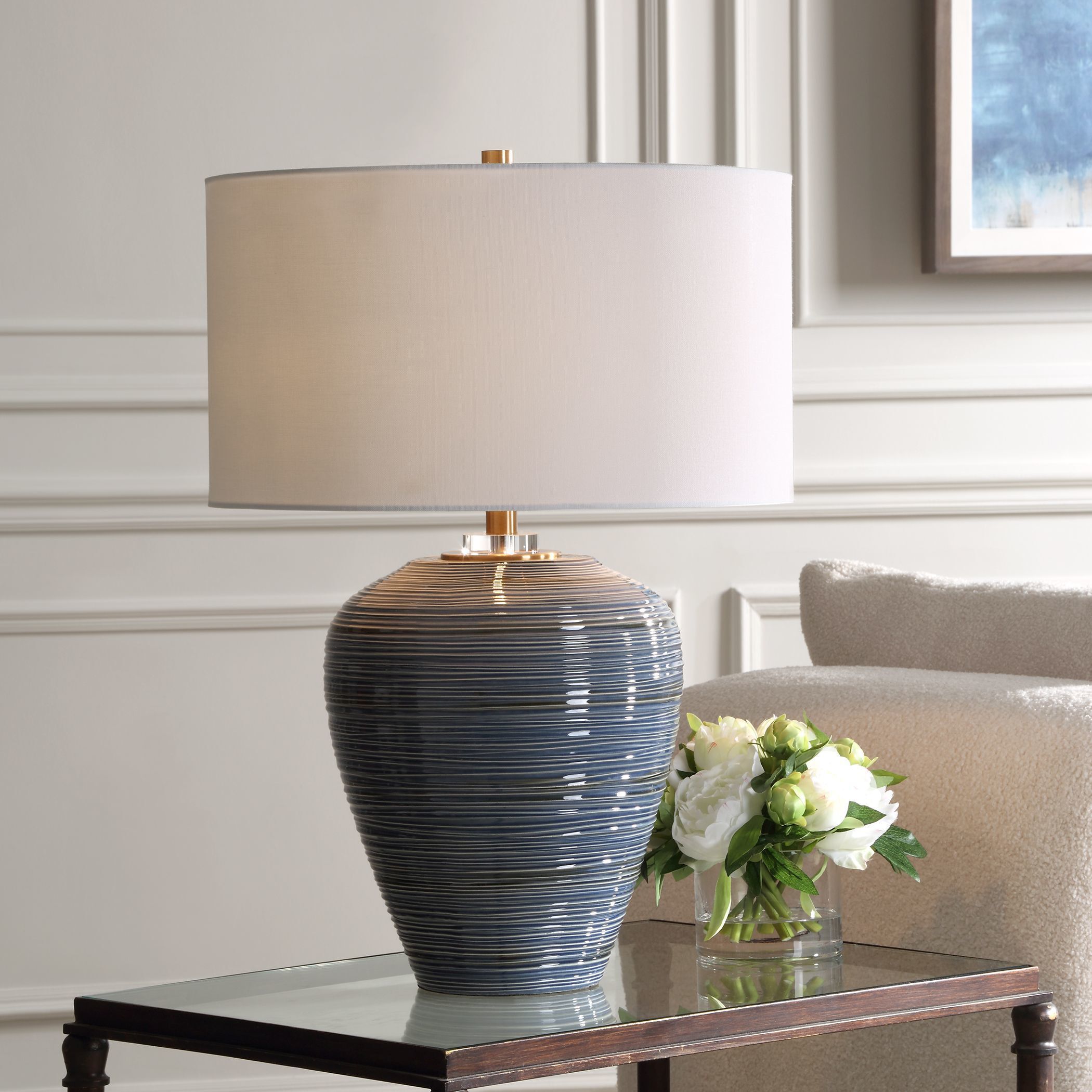 Moher 26 inch 150.00 watt Glossy Blue Glaze and Brass Table Lamp Portable Light