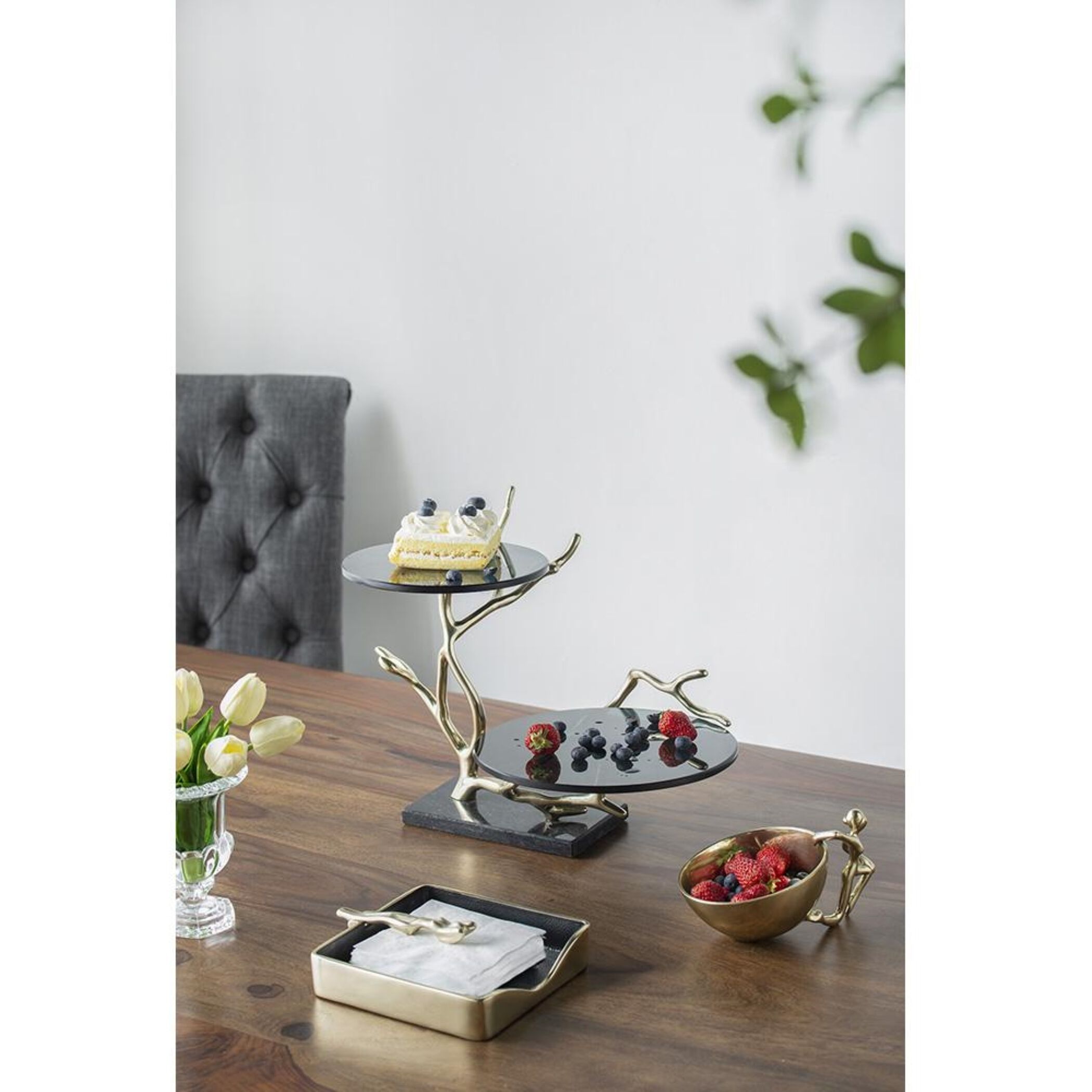 Anita 16.9 X 12.4 inch Polished Gold Finished Aluminum with Black Float Glass/Black Granite Base Cake Stand