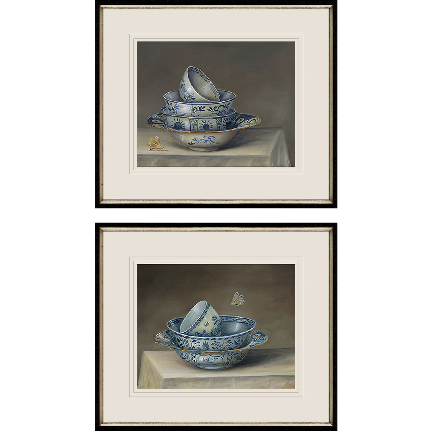Vintage Blue and Brown and Metallic and White Framed Art