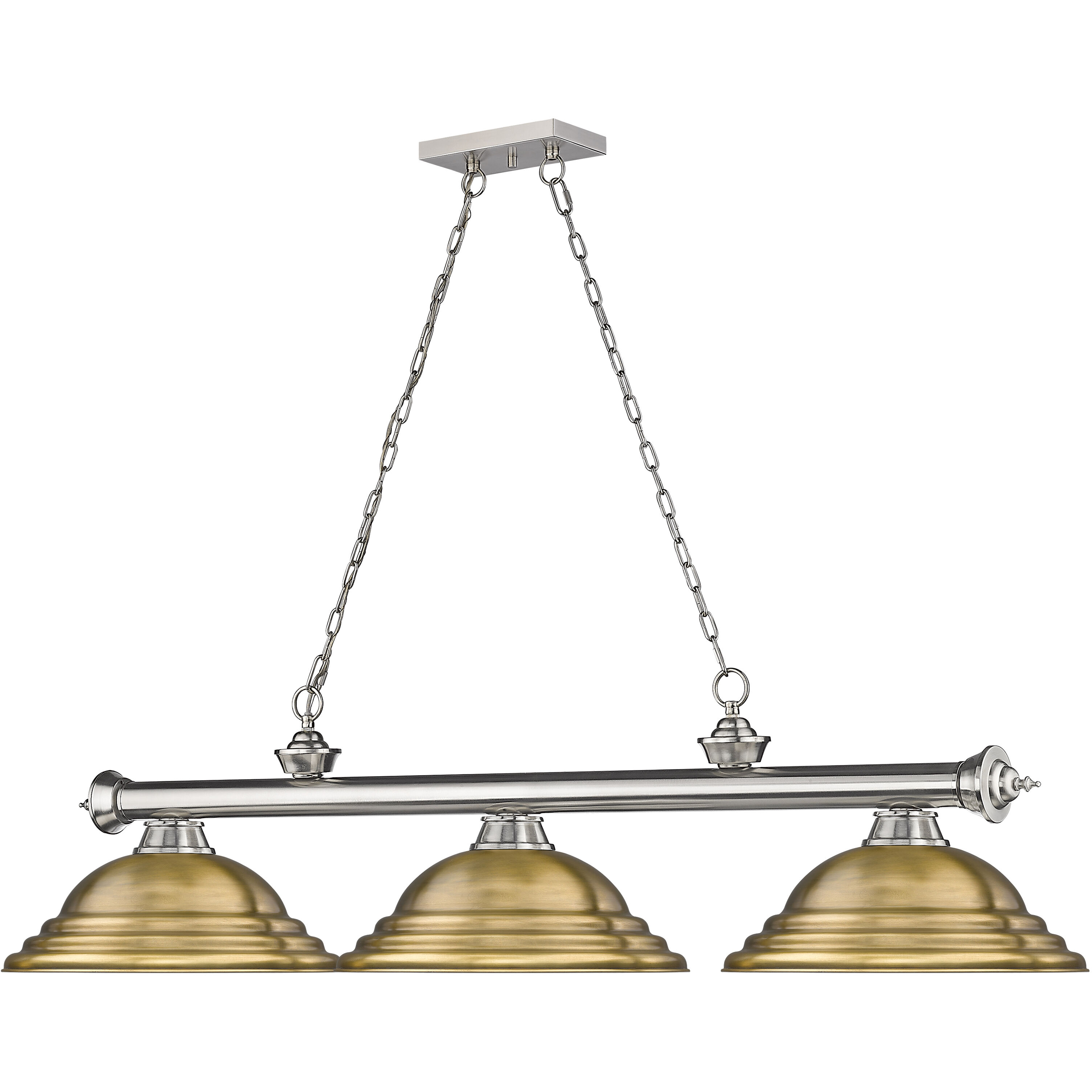 Cordon 3 Light 58 inch Brushed Nickel Billiard Ceiling Light in Rubbed Brass Metal