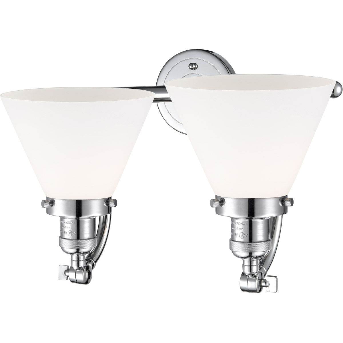 Franklin Restoration Large Cone 2 Light 18 inch Polished Chrome Bath Vanity Light Wall Light in Matte White Glass, Franklin Restoration