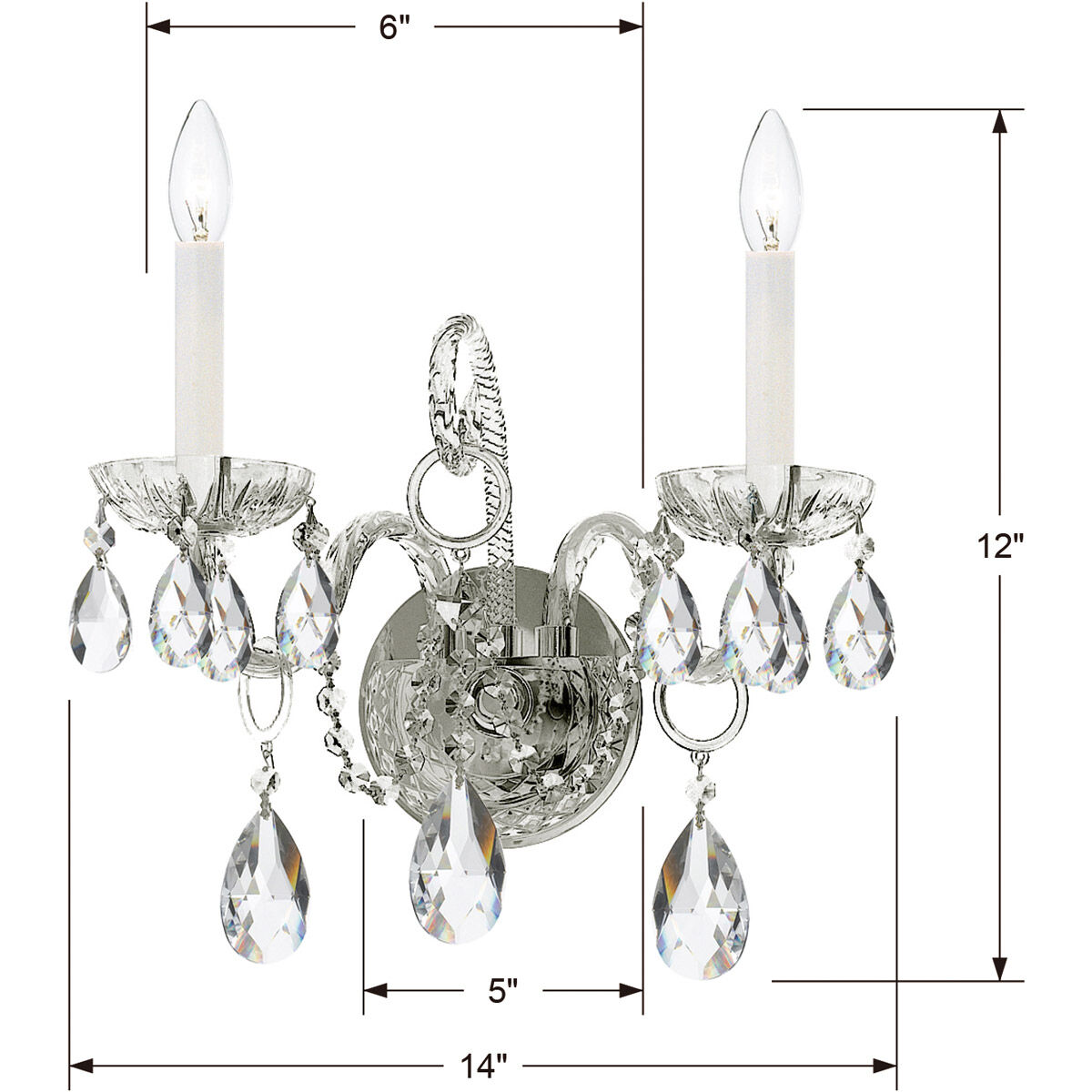 Traditional Crystal 2 Light 14 inch Polished Chrome Wall Sconce Wall Light in Polished Chrome (CH), Clear Hand Cut