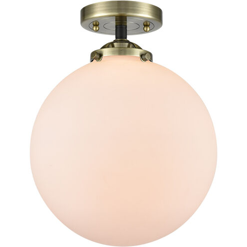 Nouveau XX-Large Beacon LED 12 inch Black Antique Brass Semi-Flush Mount Ceiling Light in Matte White Glass, Nouveau