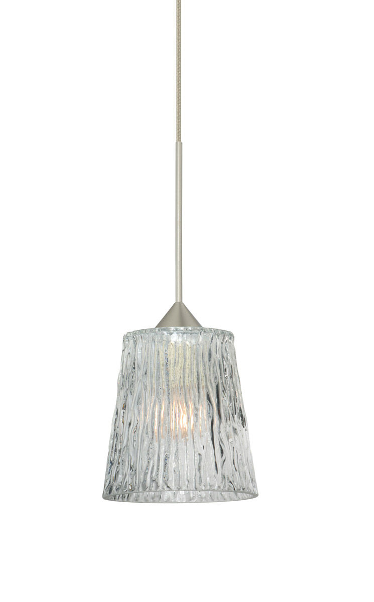 Nico 1 Light Satin Nickel Pendant Ceiling Light in Clear Stone Glass, Halogen