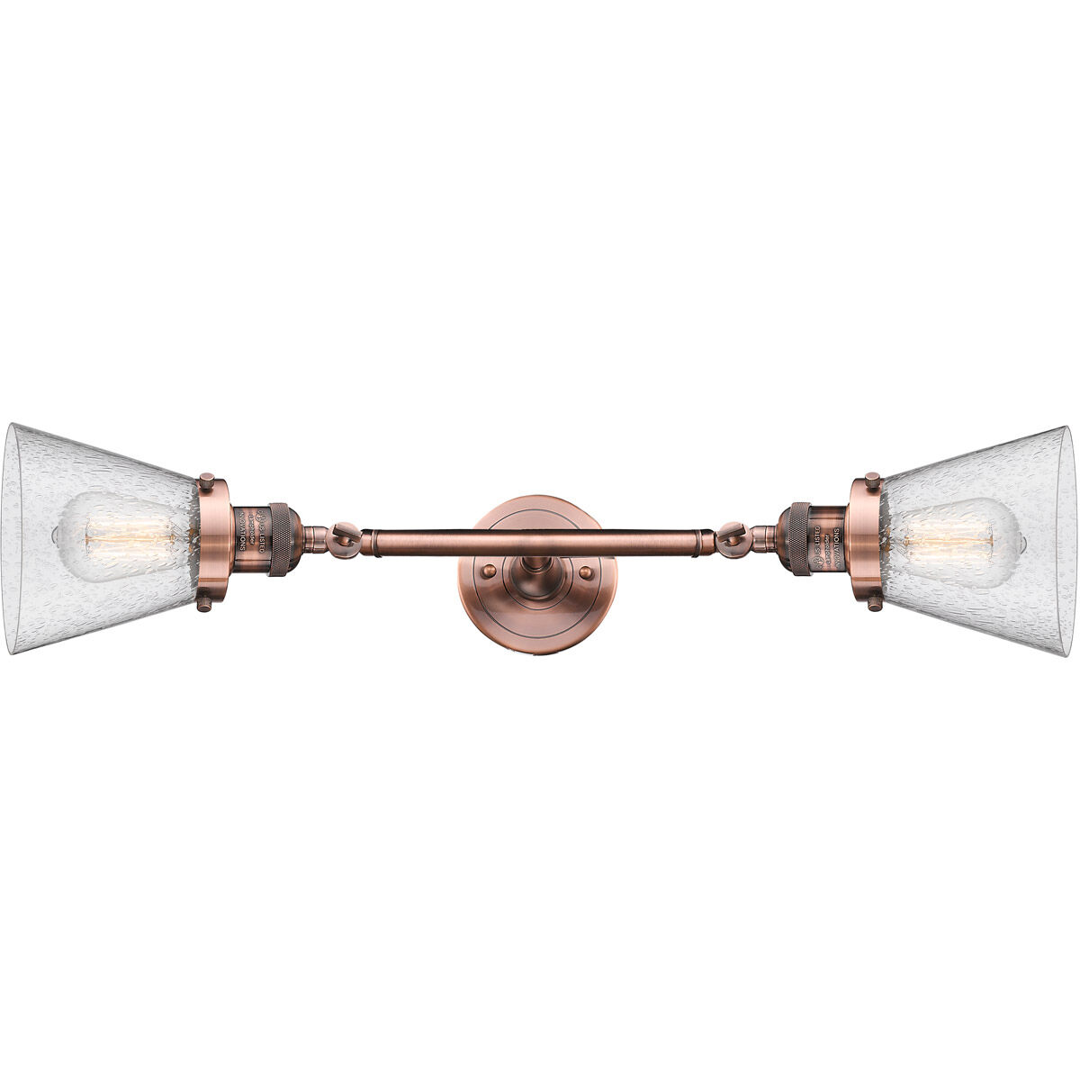 Franklin Restoration Small Cone 2 Light 16 inch Antique Copper Bath Vanity Light Wall Light in Seedy Glass, Franklin Restoration