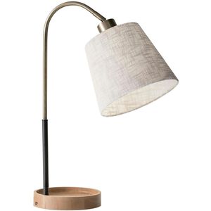 Jeffrey 21 inch 60.00 watt Black and Antique Brass with Natural Rubber Wood Desk Lamp Portable Light, with USB Port