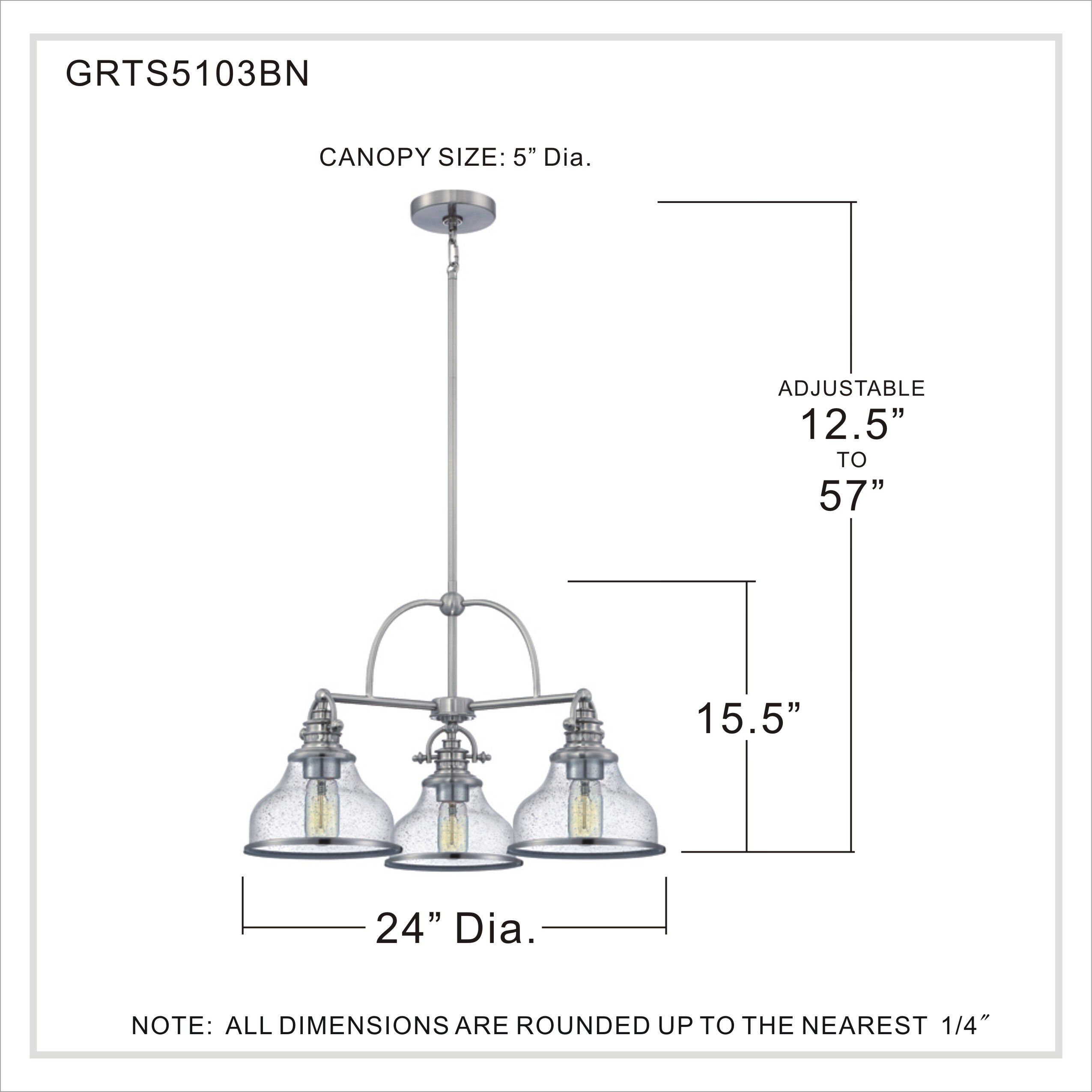 Grant 3 Light 24 inch Brushed Nickel Dinette Chandelier Ceiling Light in Clear Seedy Glass
