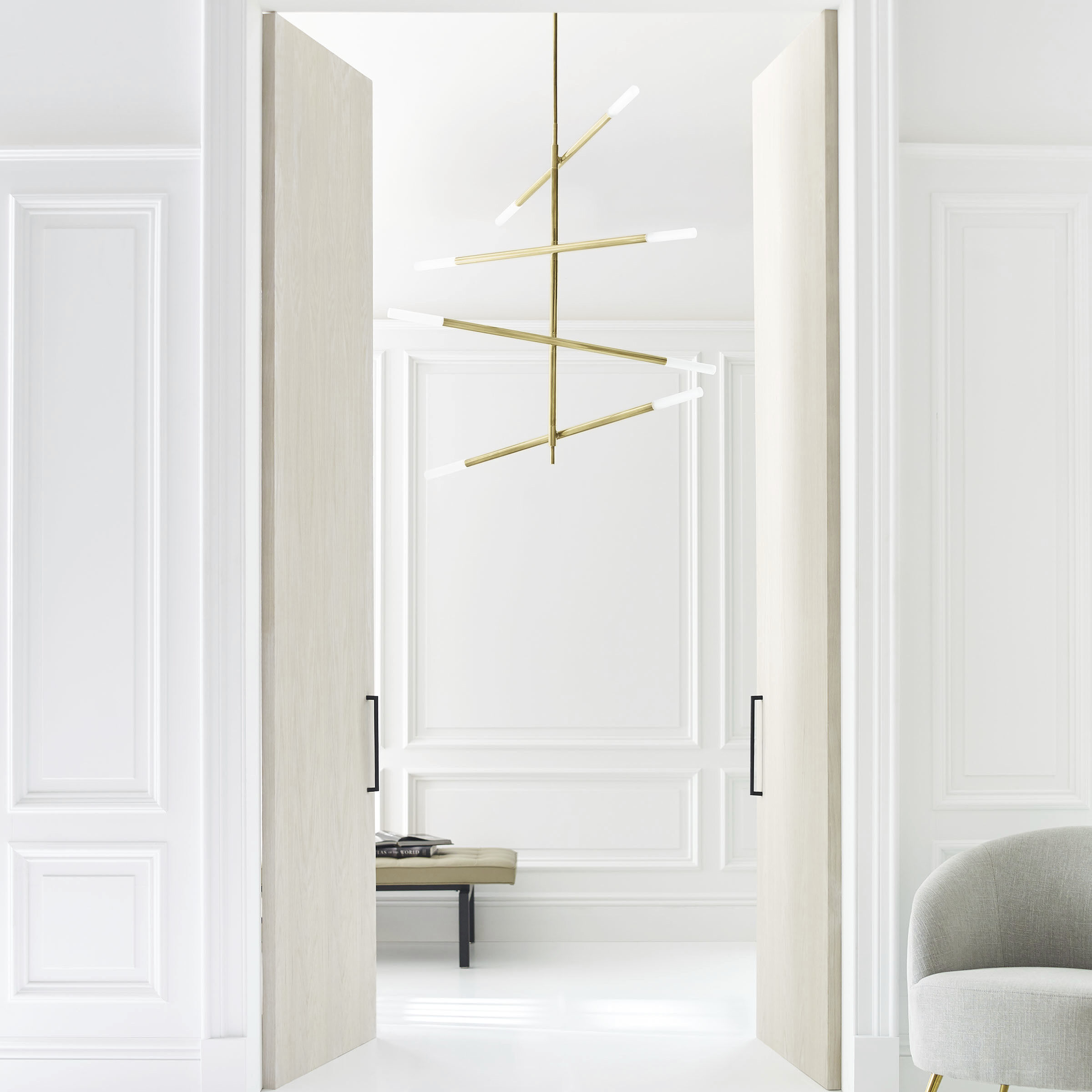 Kelly Wearstler Rousseau LED 3 inch Antique-Burnished Brass Articulating Chandelier Ceiling Light in Etched Crystal, Large