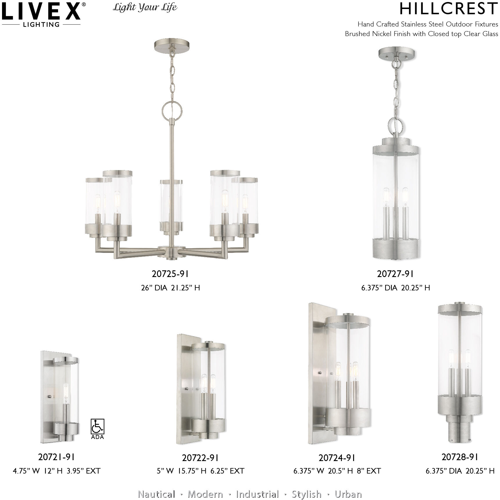 Hillcrest 5 Light 26 inch Brushed Nickel Outdoor Chandelier