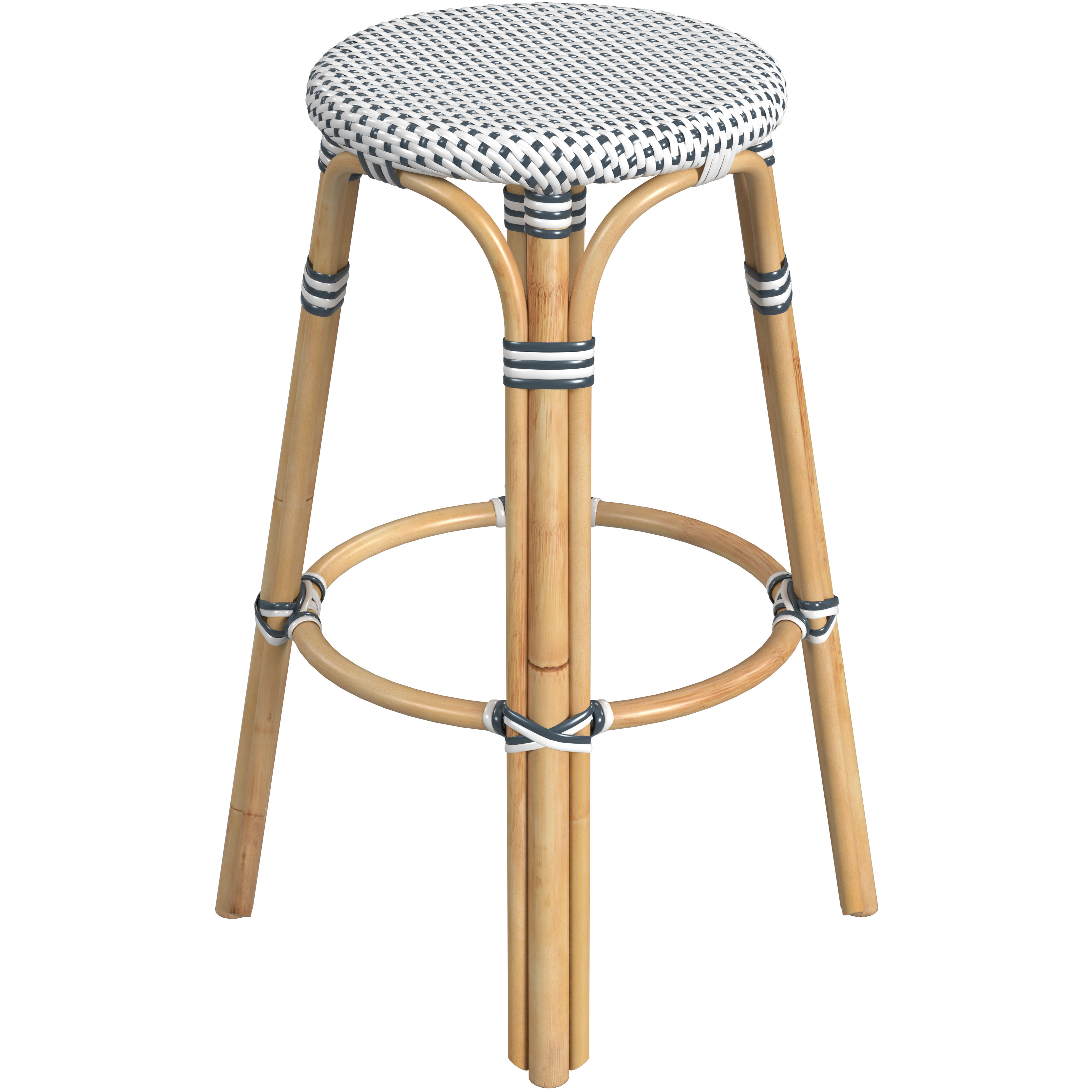 Tobias Round Rattan 30" Bar Stool in White and Navy Dot