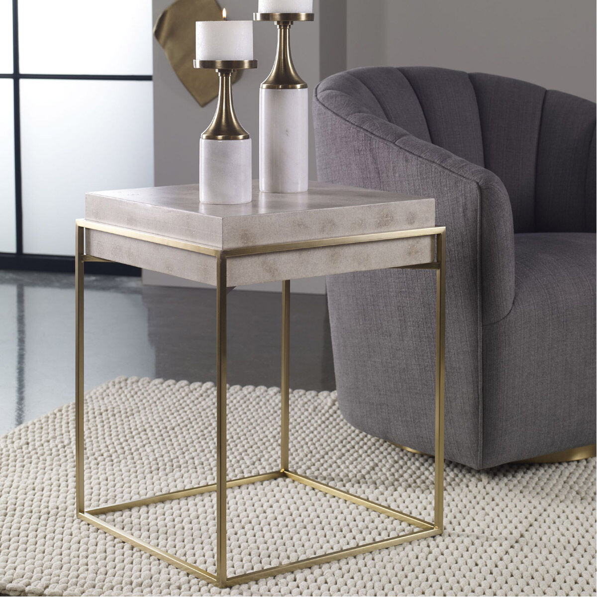 Inda 24 X 19 inch Ivory Burl Veneer and Brushed Brass Accent Table