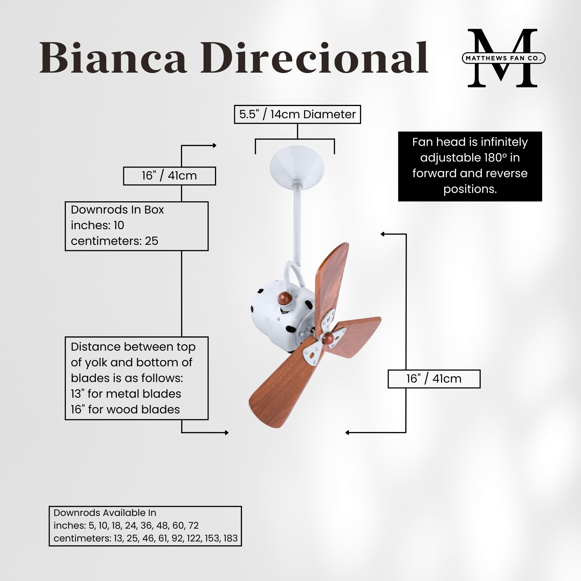 Matthews-Gerbar Bianca Direcional 16 inch Gloss White with Solid Mahogany Wood Blades Directional Ceiling Fan, Matthews-Gerbar