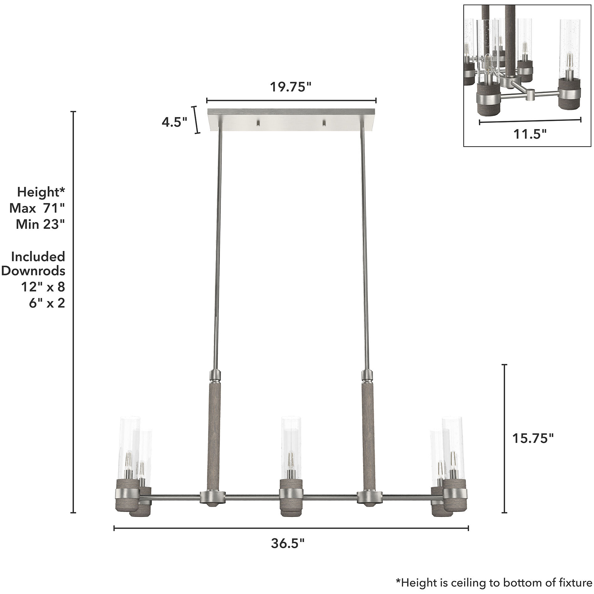 River Mill 6 Light 36.5 inch Brushed Nickel and Gray Wood Linear Chandelier Ceiling Light