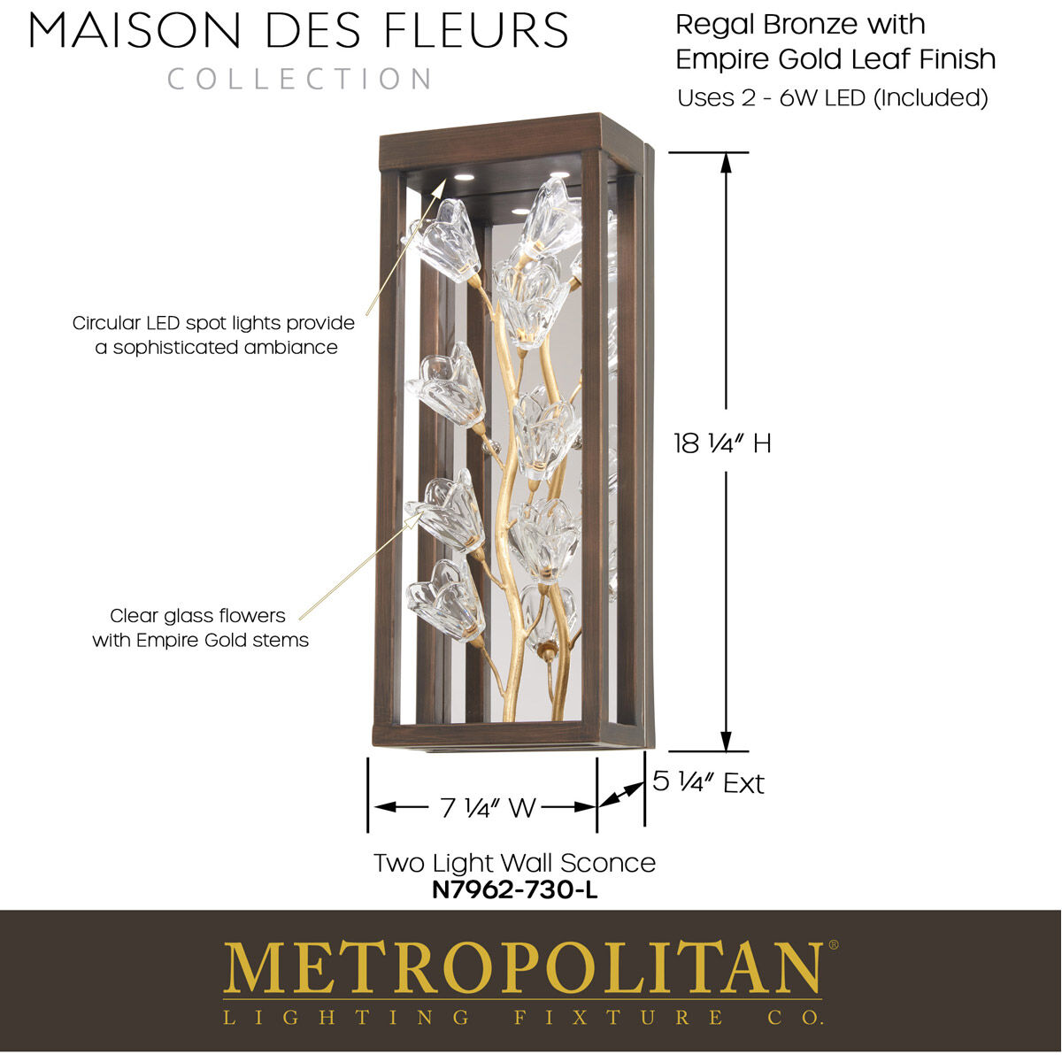 Maison Des Fleurs LED 7.13 inch Regal Bronze with Empire Gold Wall Sconce Wall Light