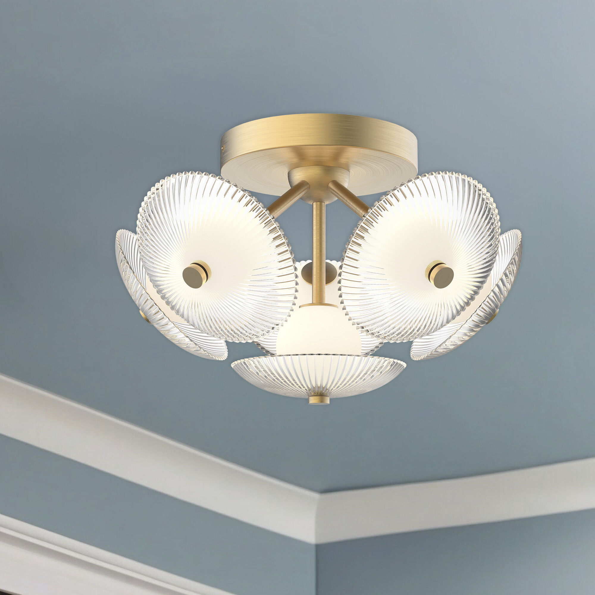 Alora Mood Hera LED 15.88 inch Brushed Gold/Clear Ribbed Glass Flush Mount Ceiling Light