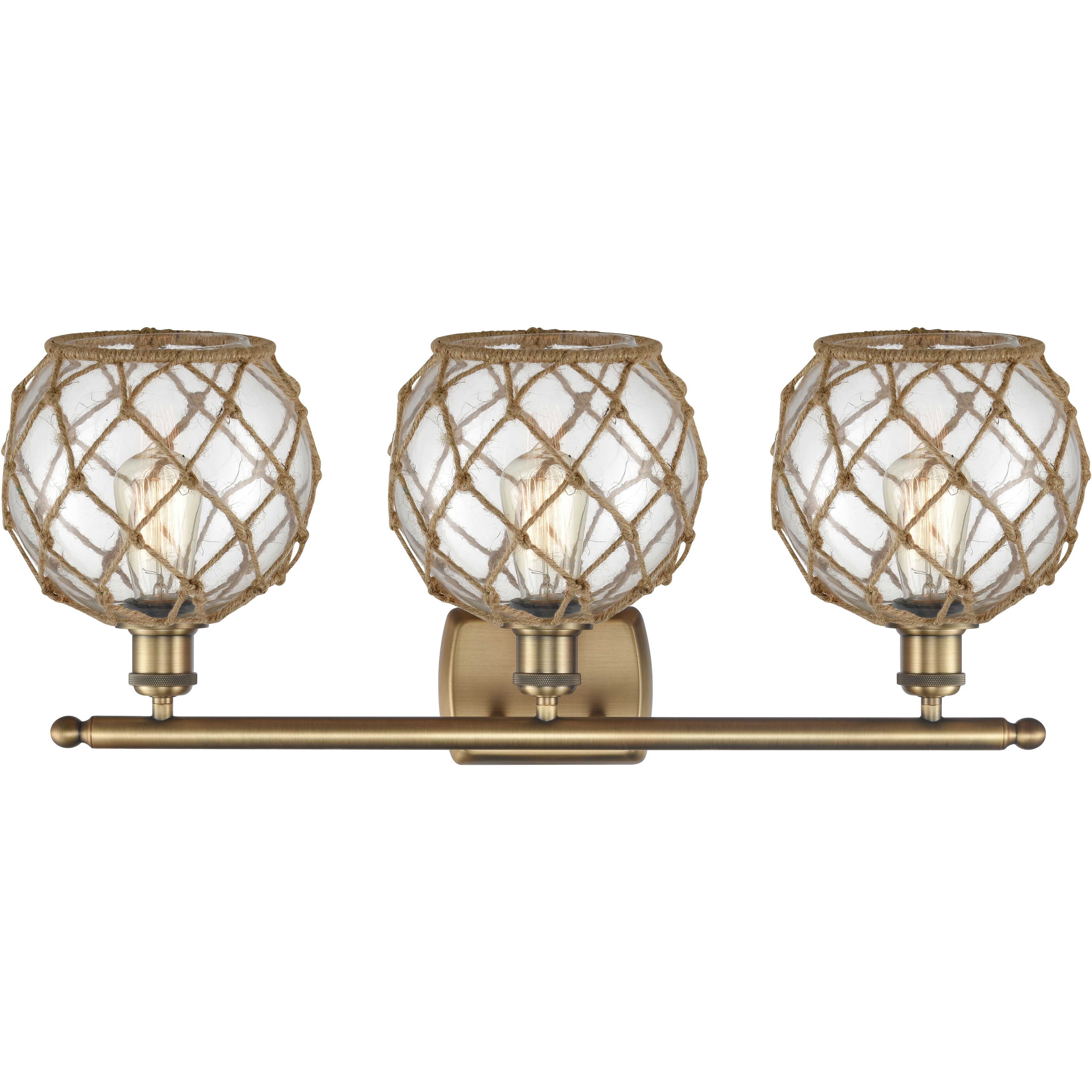 Ballston Farmhouse Rope 3 Light 28 inch Brushed Brass Bath Vanity Light Wall Light in Bulb Not Included, Clear Glass with Brown Rope, Ballston