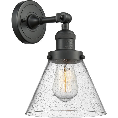 Franklin Restoration Large Cone 1 Light 8 inch Matte Black Semi-Flush Mount Ceiling Light in Seedy Glass, Franklin Restoration