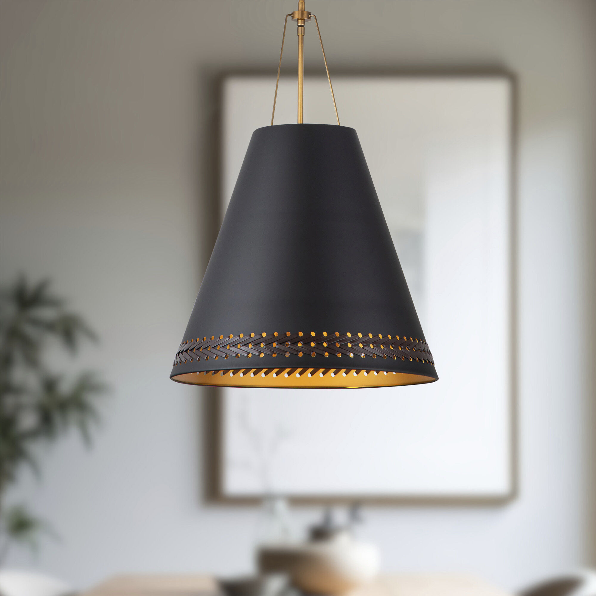 Brickell Pendant Ceiling Light in Matte Black and Hazelnut Leather