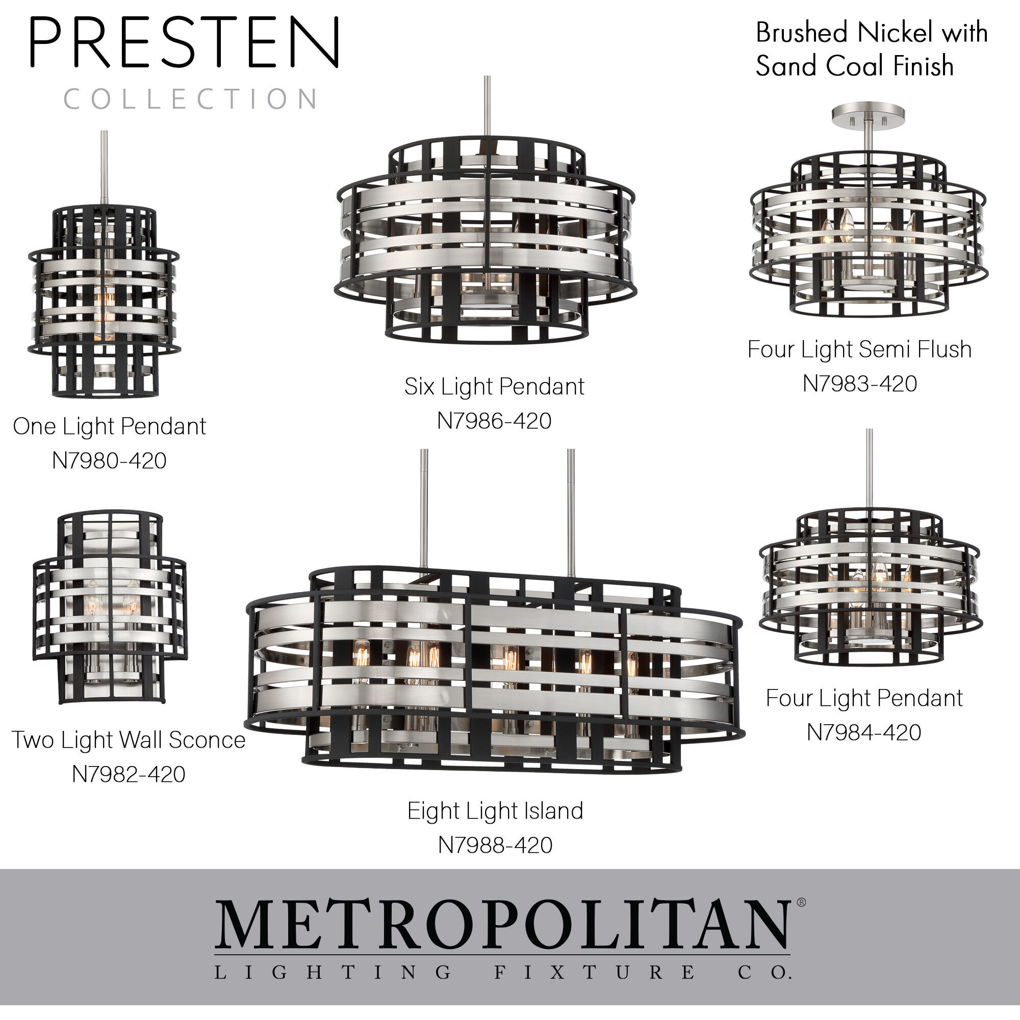 Presten 4 Light 20 inch Brushed Nickel with Sand Coal Semi Flush Ceiling Light