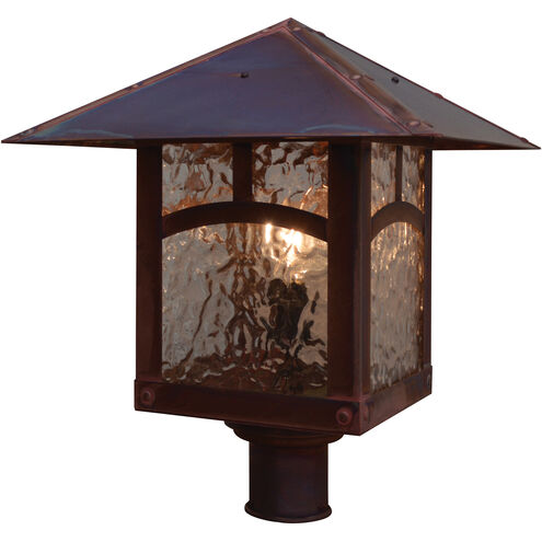 Evergreen 1 Light 15.12 inch Verdigris Patina Post Mount in Amber Mica, Pine Needle Filigree