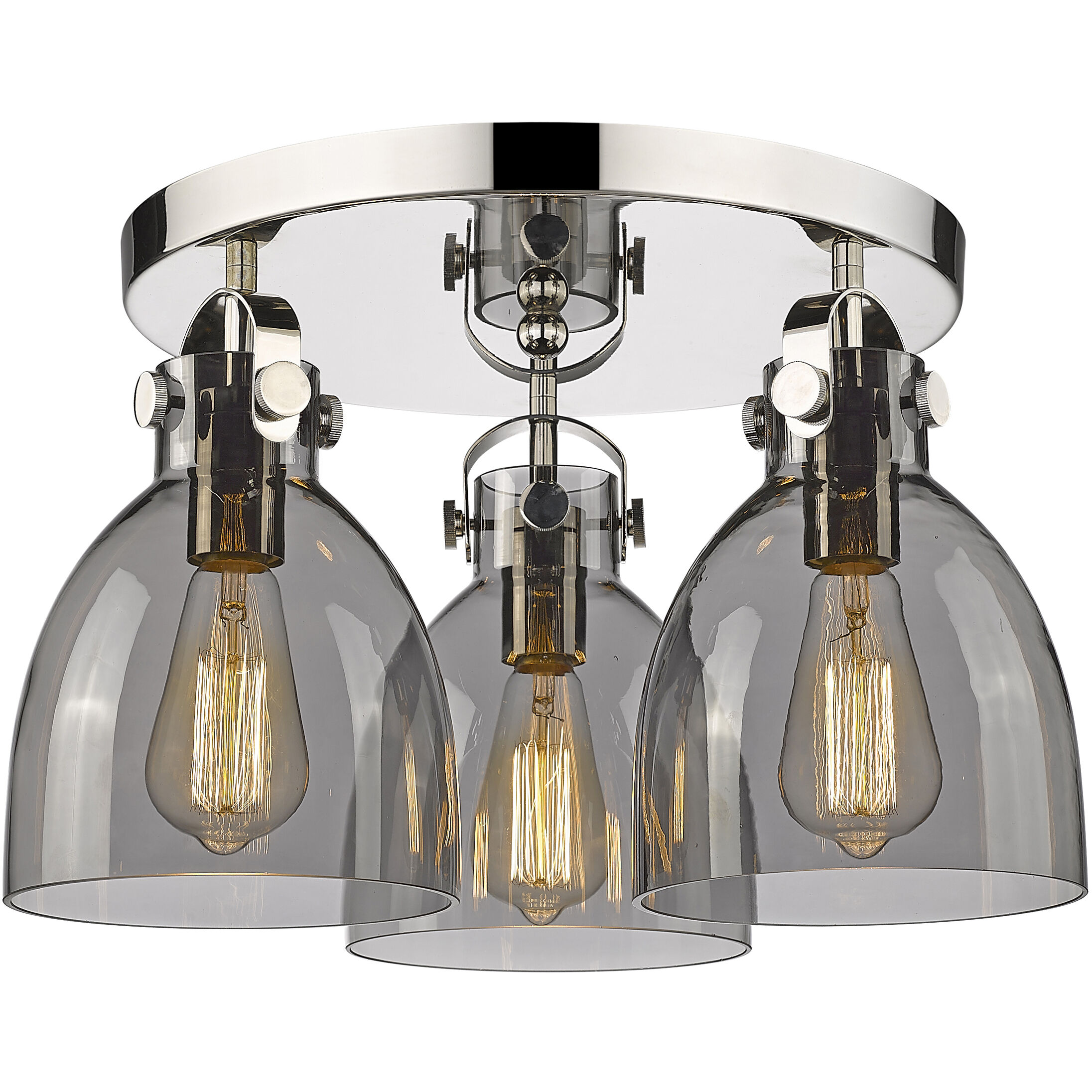 Newton Bell 3 Light 19.63 inch Polished Nickel Flush Mount Ceiling Light in Plated Smoke Glass